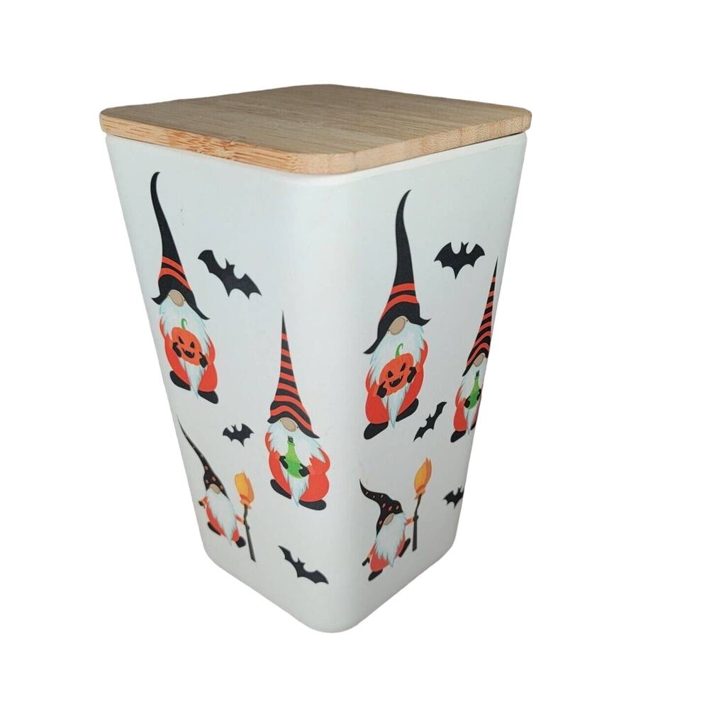 Halloween Gnomes Canister Wood Lid Holiday Storage Kitchen Bath Decor